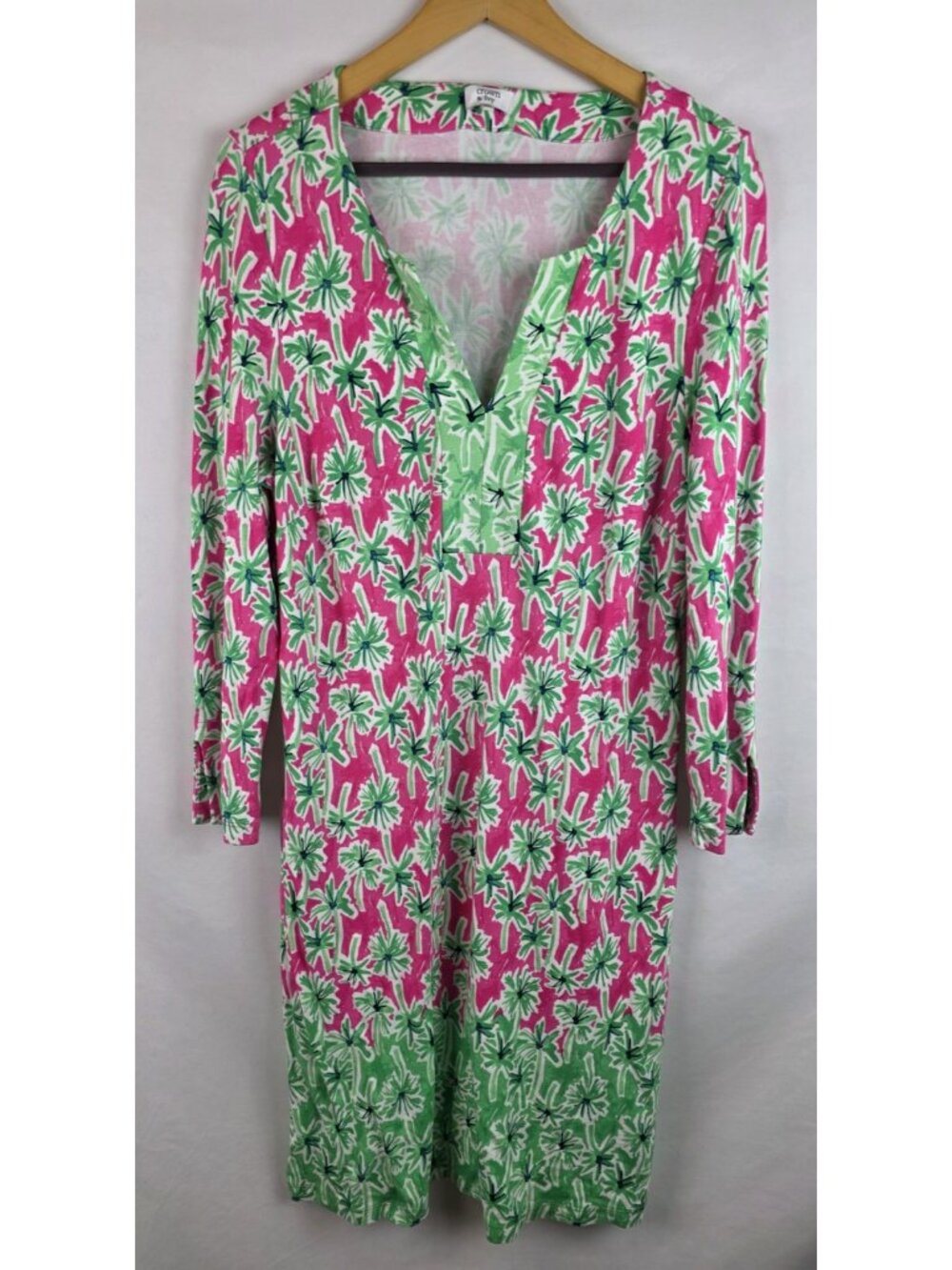 Crown & Ivy Dress Women's Size XL Pink Palm Tree Long Sleeve Preppy Dress
